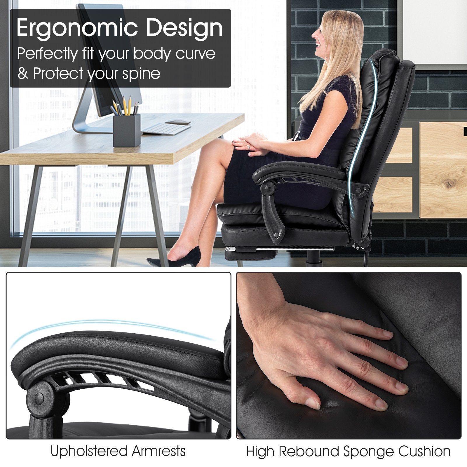 Ergonomic Adjustable Swivel Office Chair with Retractable Footrest, Black at Gallery Canada
