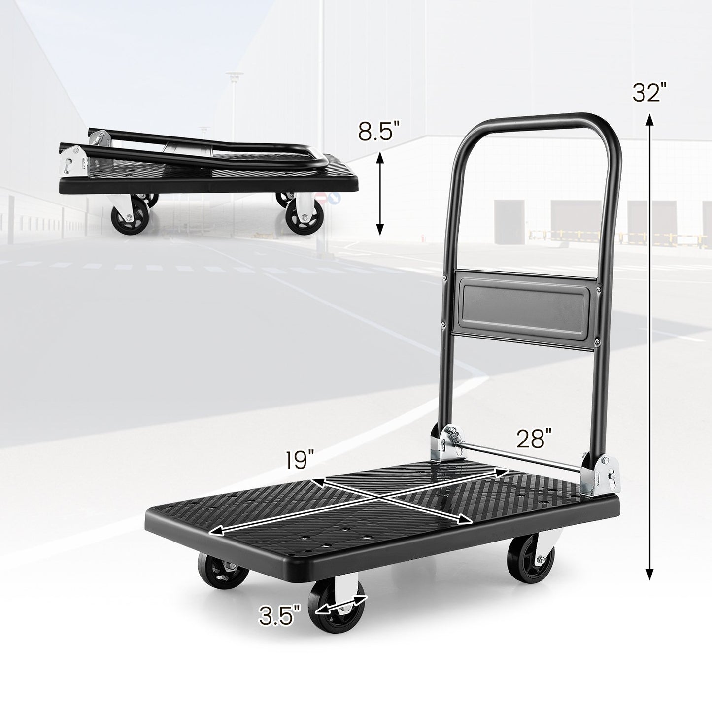 Folding Push Cart Dolly with Swivel Wheels and Non-Slip Loading Area-36 x 24 inches, Black