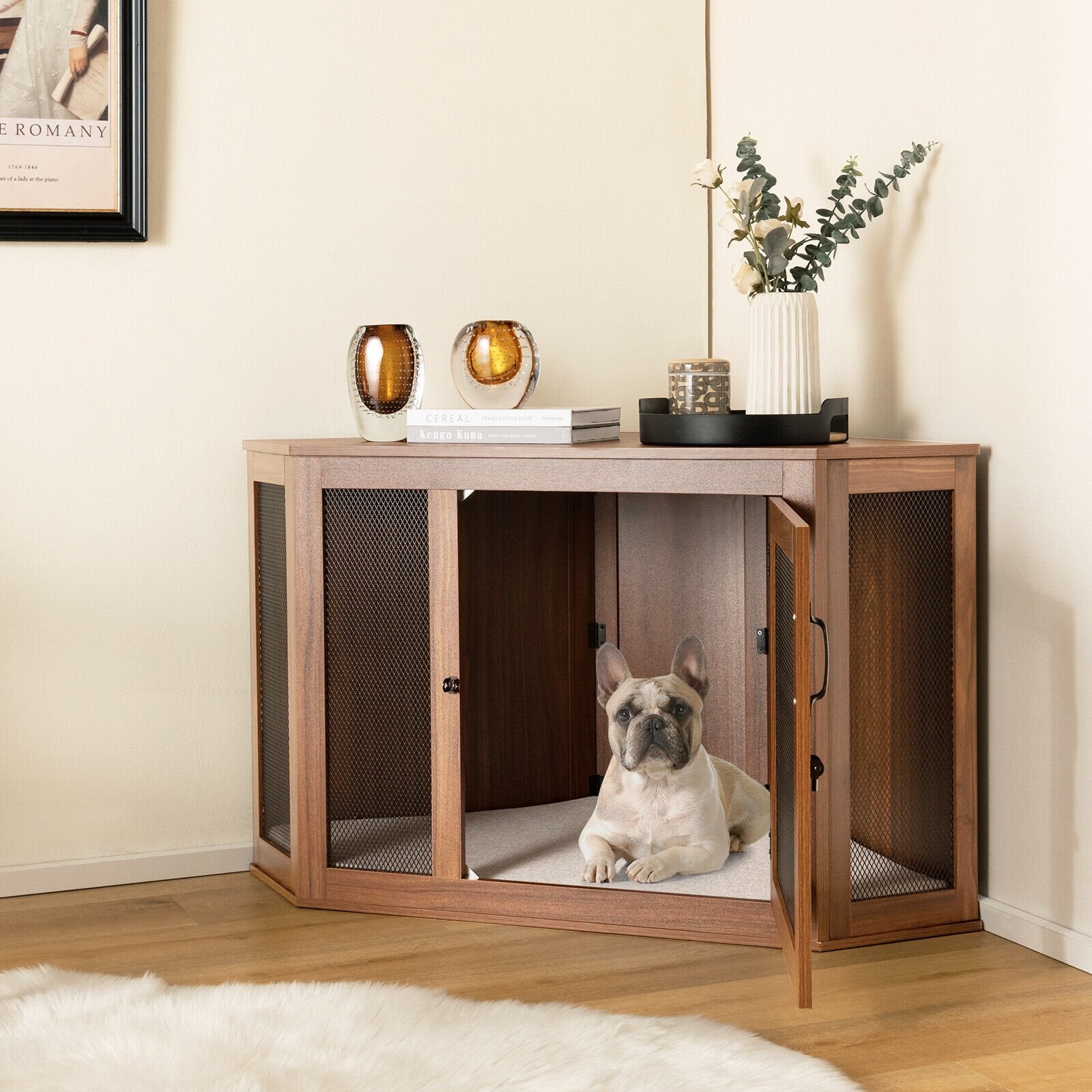Corner Dog Kennel with Mesh Door and Cushion, Brown at Gallery Canada