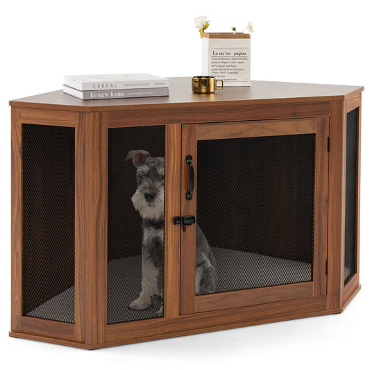 Corner Dog Kennel with Mesh Door and Cushion, Brown at Gallery Canada