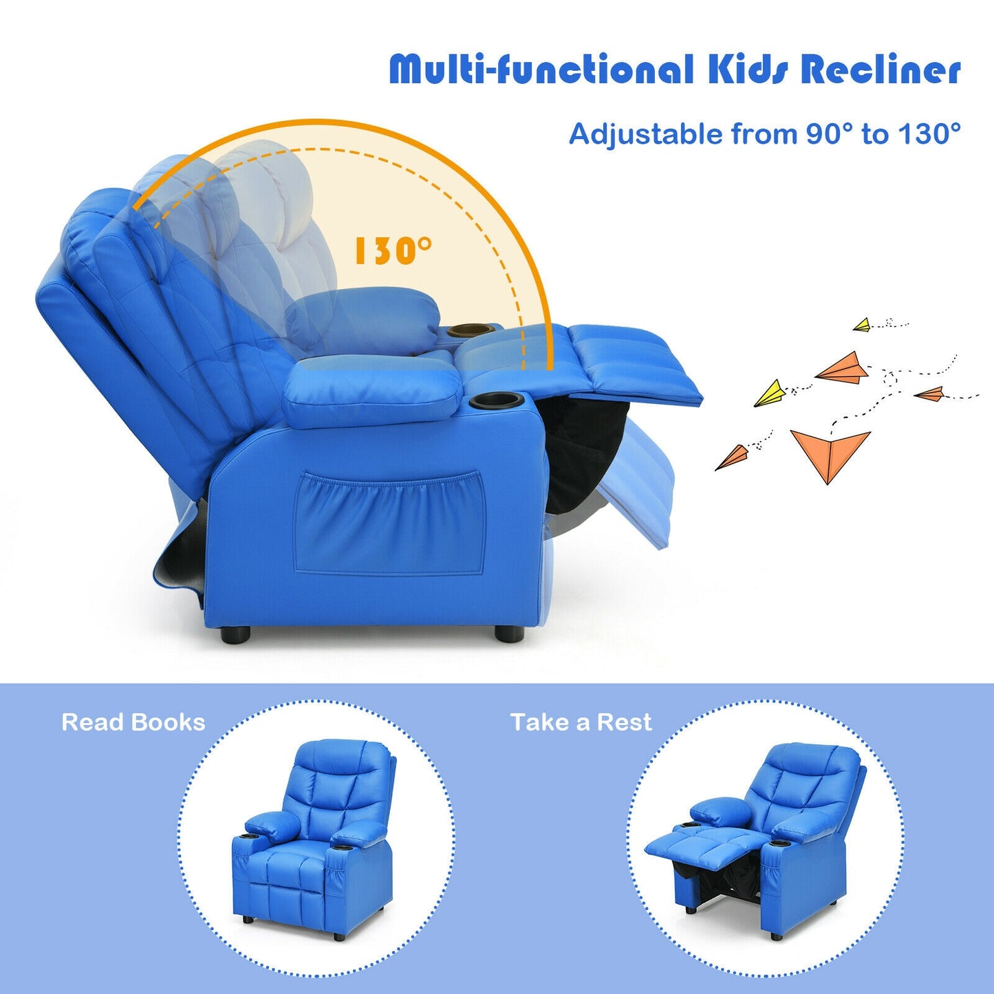 Kids Recliner Chair with Cup Holder and Footrest for Children, Blue Kids Chairs & Seating at Gallery Canada