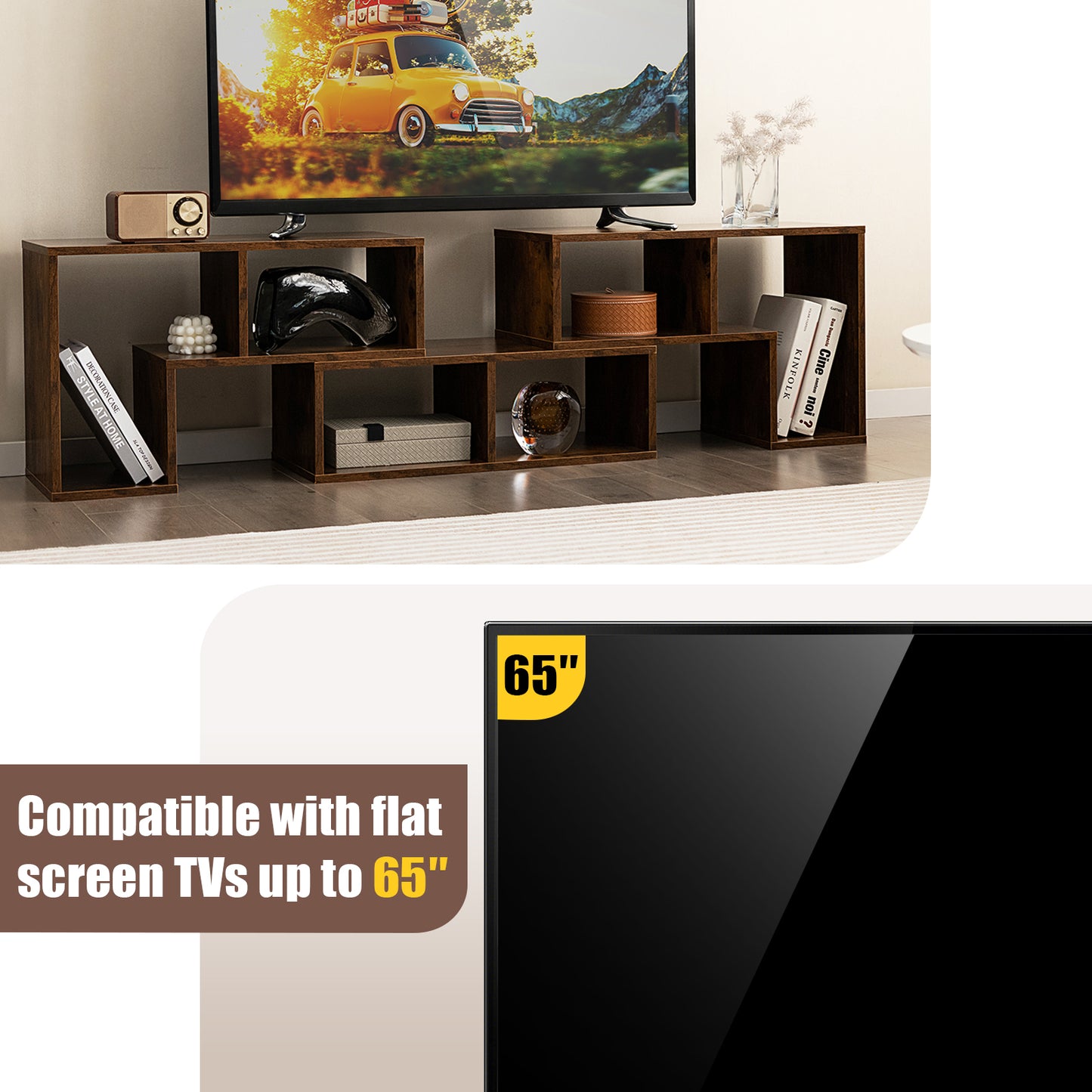 3 Pieces Console TV Stand for TVs up to 65 Inch with Shelves, Brown Entertainment Centers & TV Stands at Gallery Canada