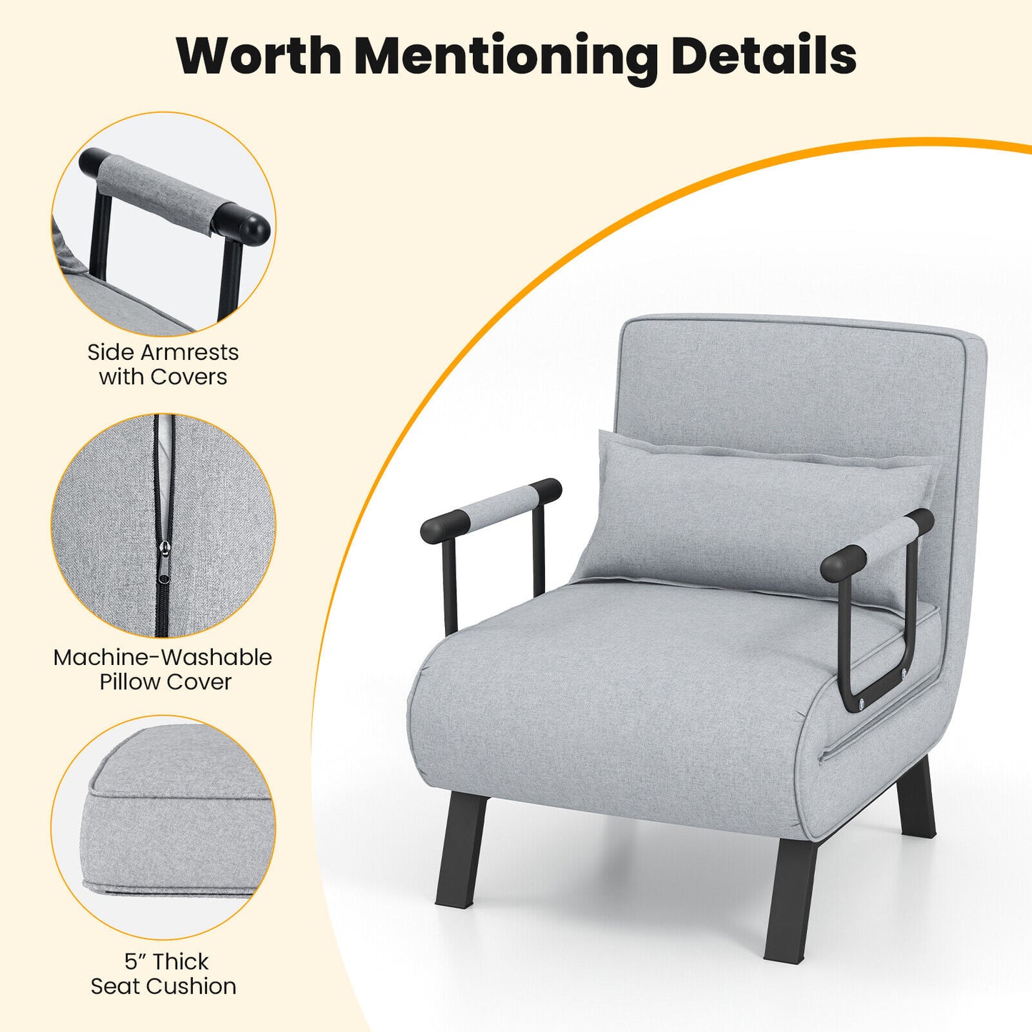 Folding 6 Position Convertible Sleeper Bed Armchair, Light Gray