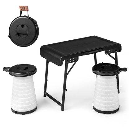 3 Pieces Folding Camping Table Stool Set with 2 Retractable LED Stools, Black