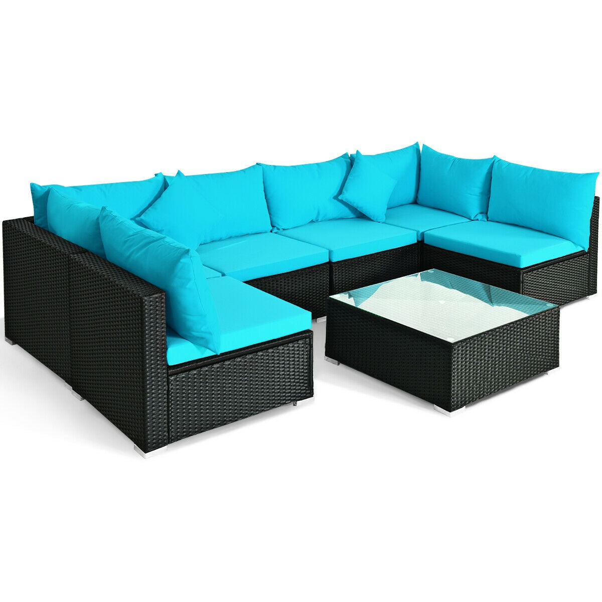 7-Piece Outdoor Wicker Sectional Sofa Set, Tempered Glass Top, Blue Outdoor Sectionals at Gallery Canada