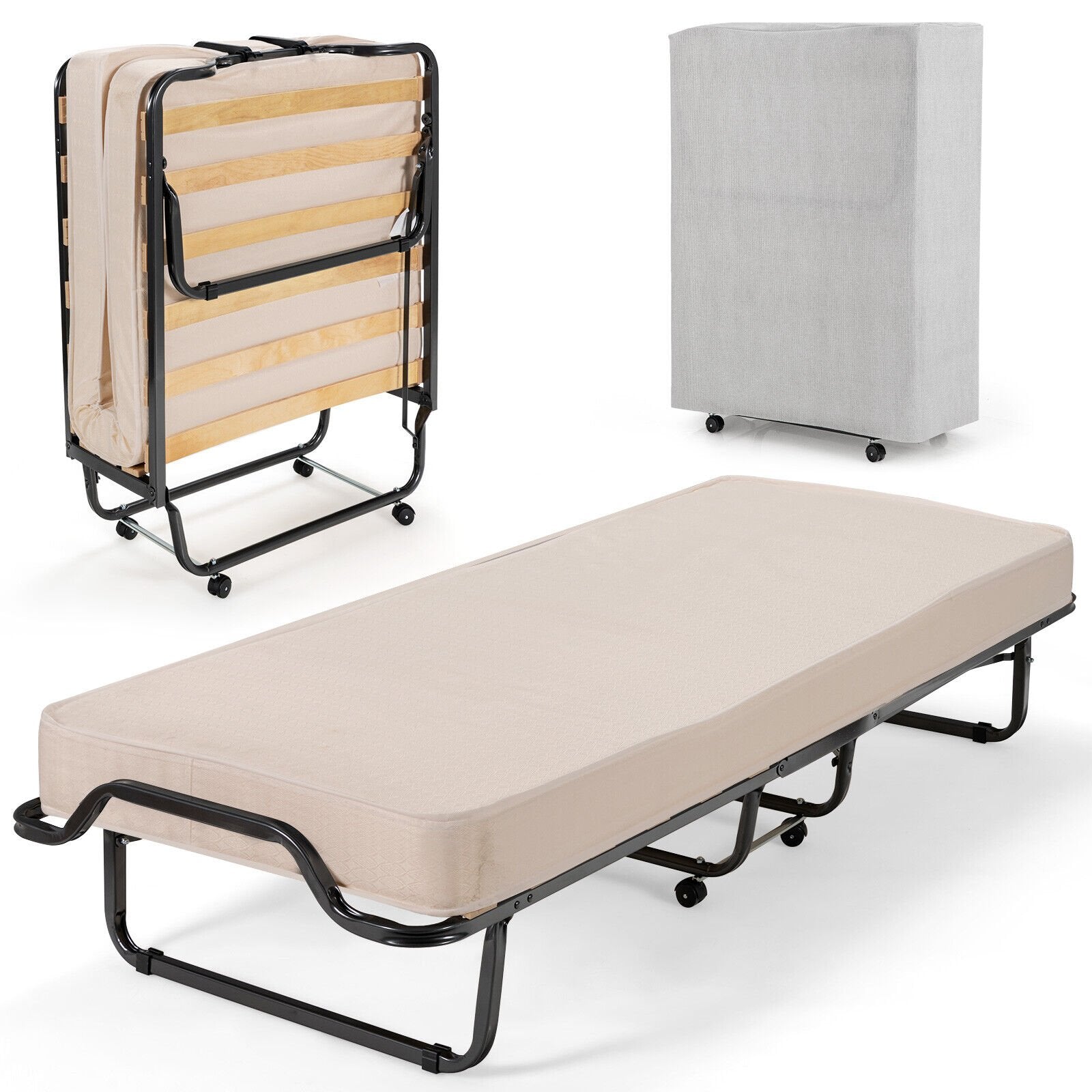 Rollaway Folding Bed with Memory Foam Mattress and Dust-Proof Bag Made in Italy, White at Gallery Canada