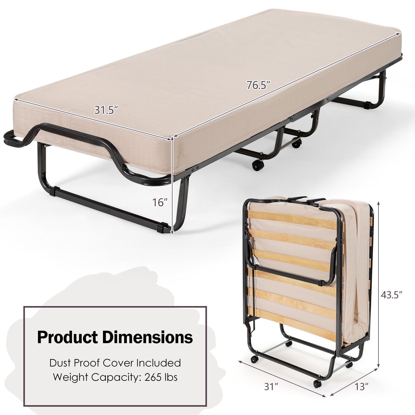 Rollaway Folding Bed with Memory Foam Mattress and Dust-Proof Bag Made in Italy, White at Gallery Canada