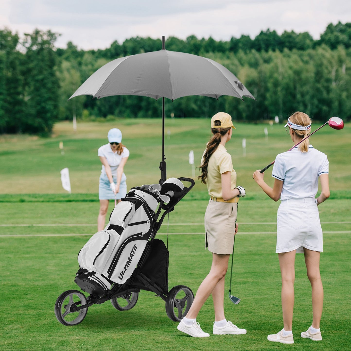 Folding 3 Wheels Golf Push Cart with Bag Scoreboard Adjustable Handle, Gray