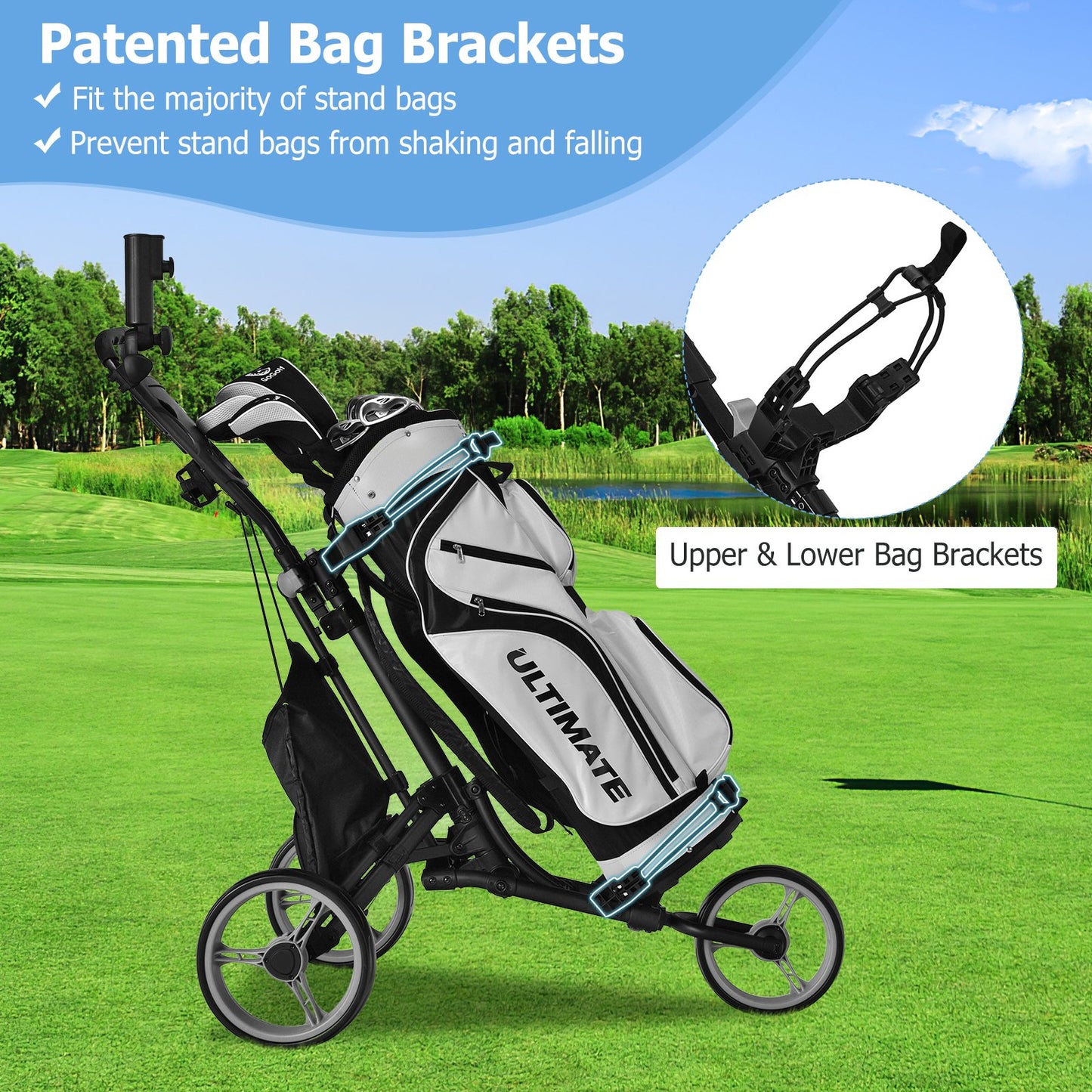Folding 3 Wheels Golf Push Cart with Bag Scoreboard Adjustable Handle, Gray