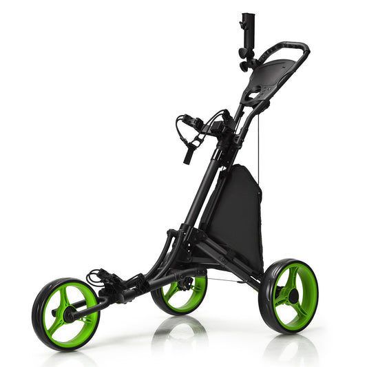 Folding 3 Wheels Golf Push Cart with Bag Scoreboard Adjustable Handle, Green