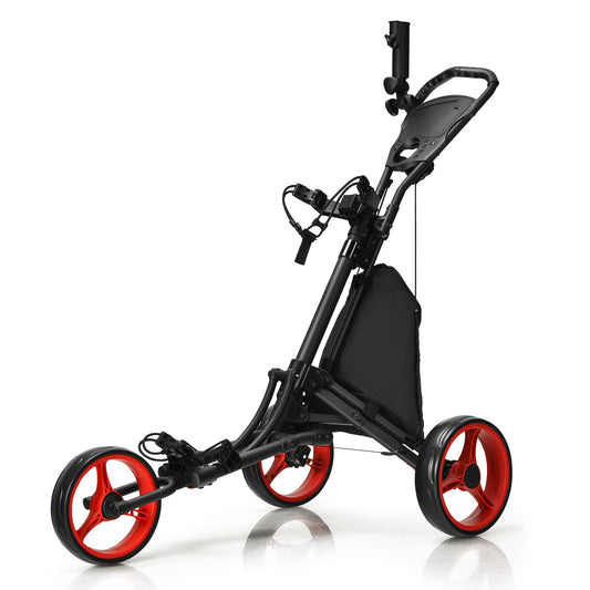 Folding 3 Wheels Golf Push Cart with Bag Scoreboard Adjustable Handle, Red