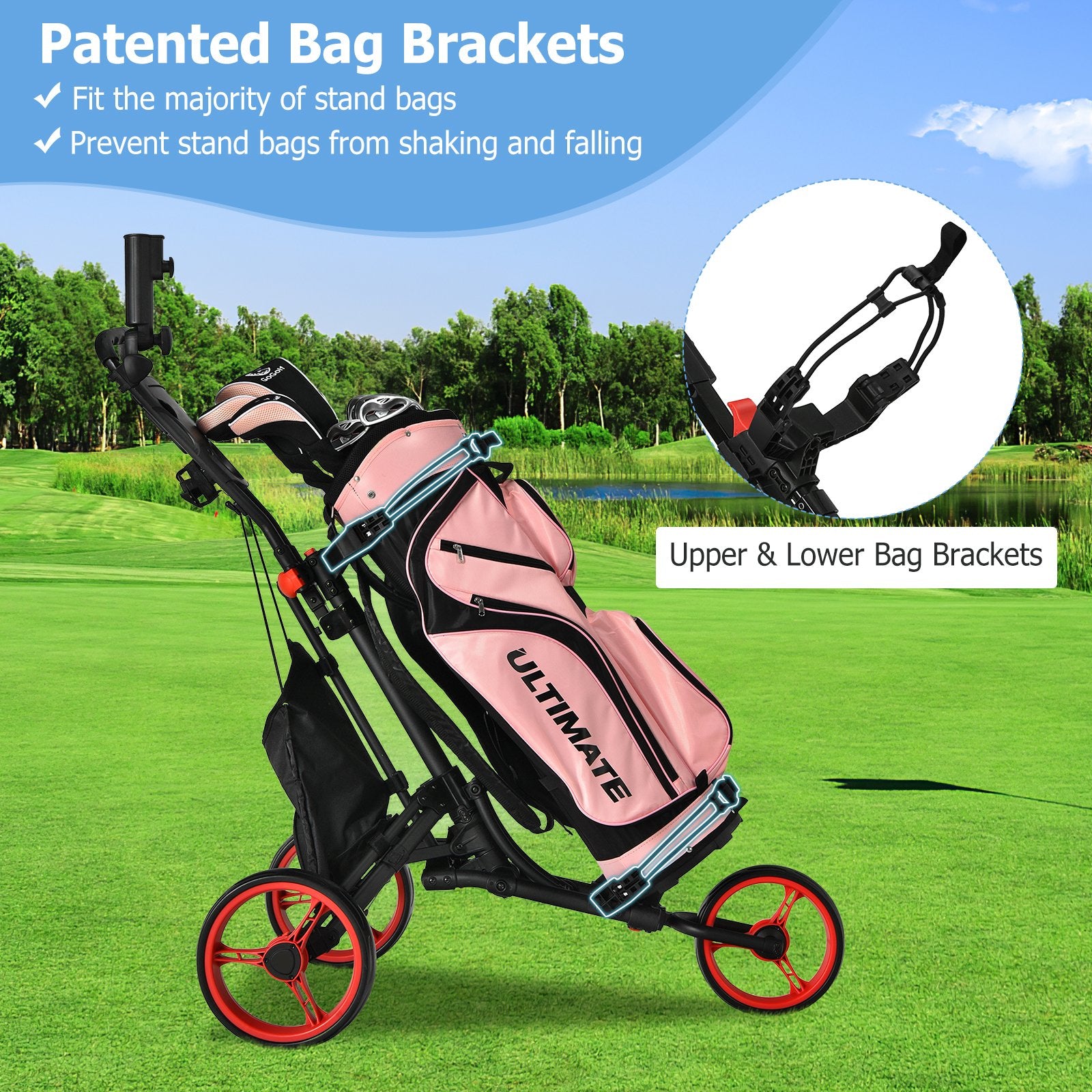 Folding 3 Wheels Golf Push Cart with Bag Scoreboard Adjustable Handle, Red at Gallery Canada