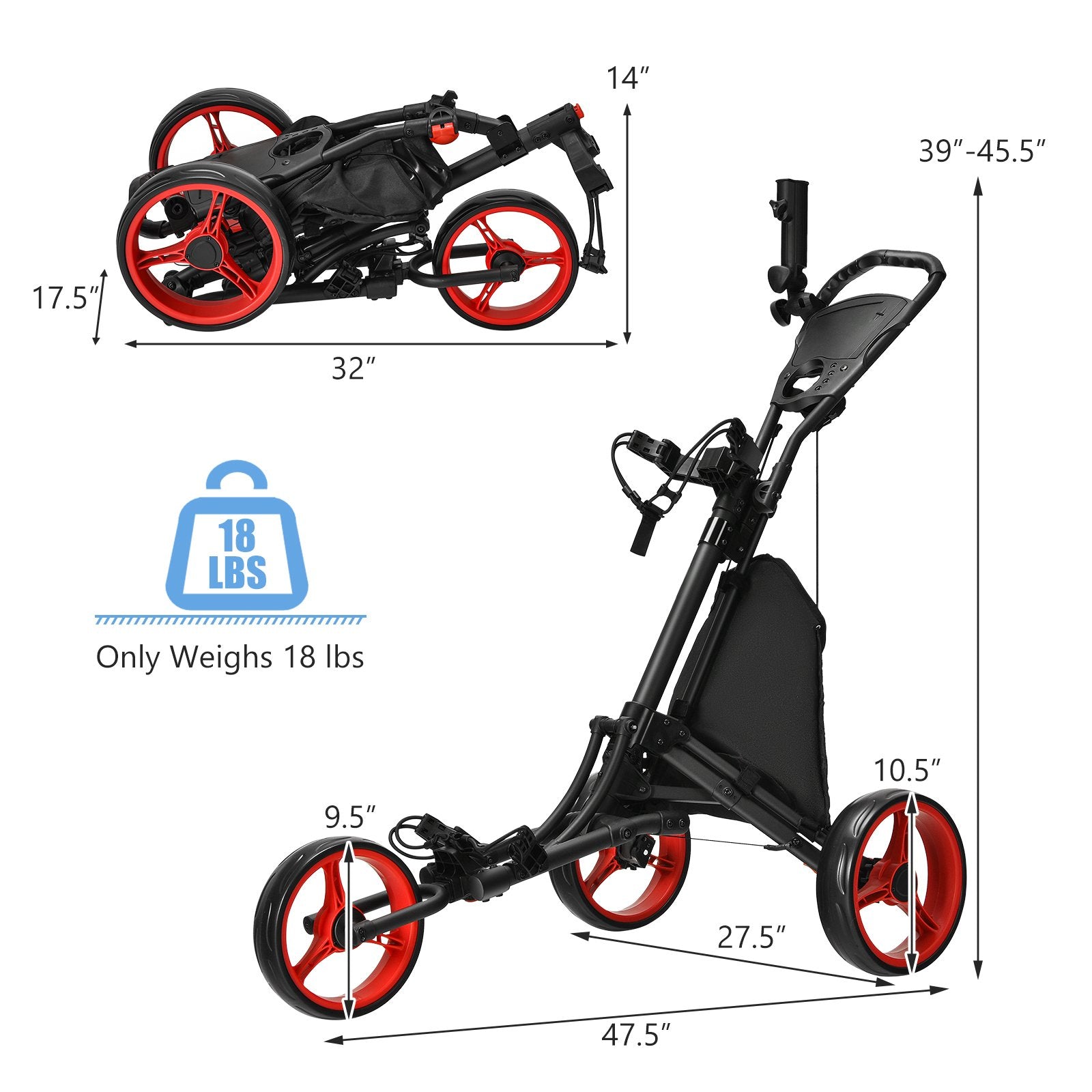 Folding 3 Wheels Golf Push Cart with Bag Scoreboard Adjustable Handle, Red at Gallery Canada