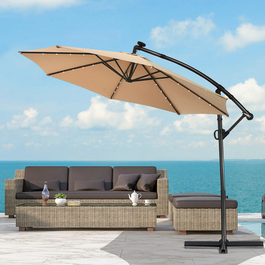 10 ft 360° Rotation Solar Powered LED Patio Offset Umbrella without Weight Base, Beige Outdoor Umbrellas Beige at Gallery Canada
