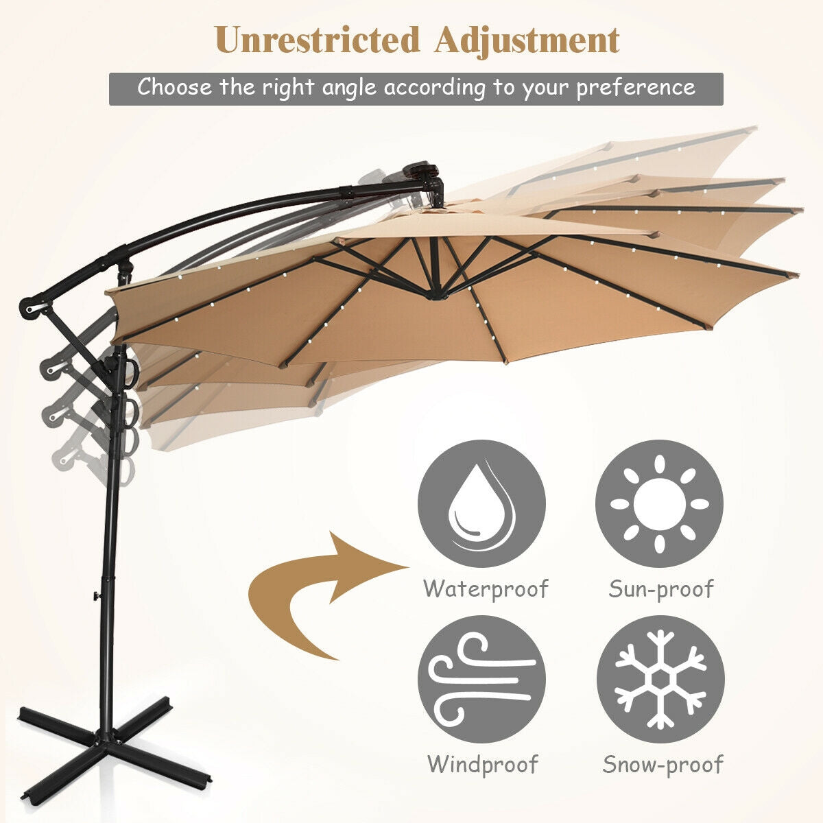 10 ft 360° Rotation Solar Powered LED Patio Offset Umbrella without Weight Base, Beige Outdoor Umbrellas at Gallery Canada