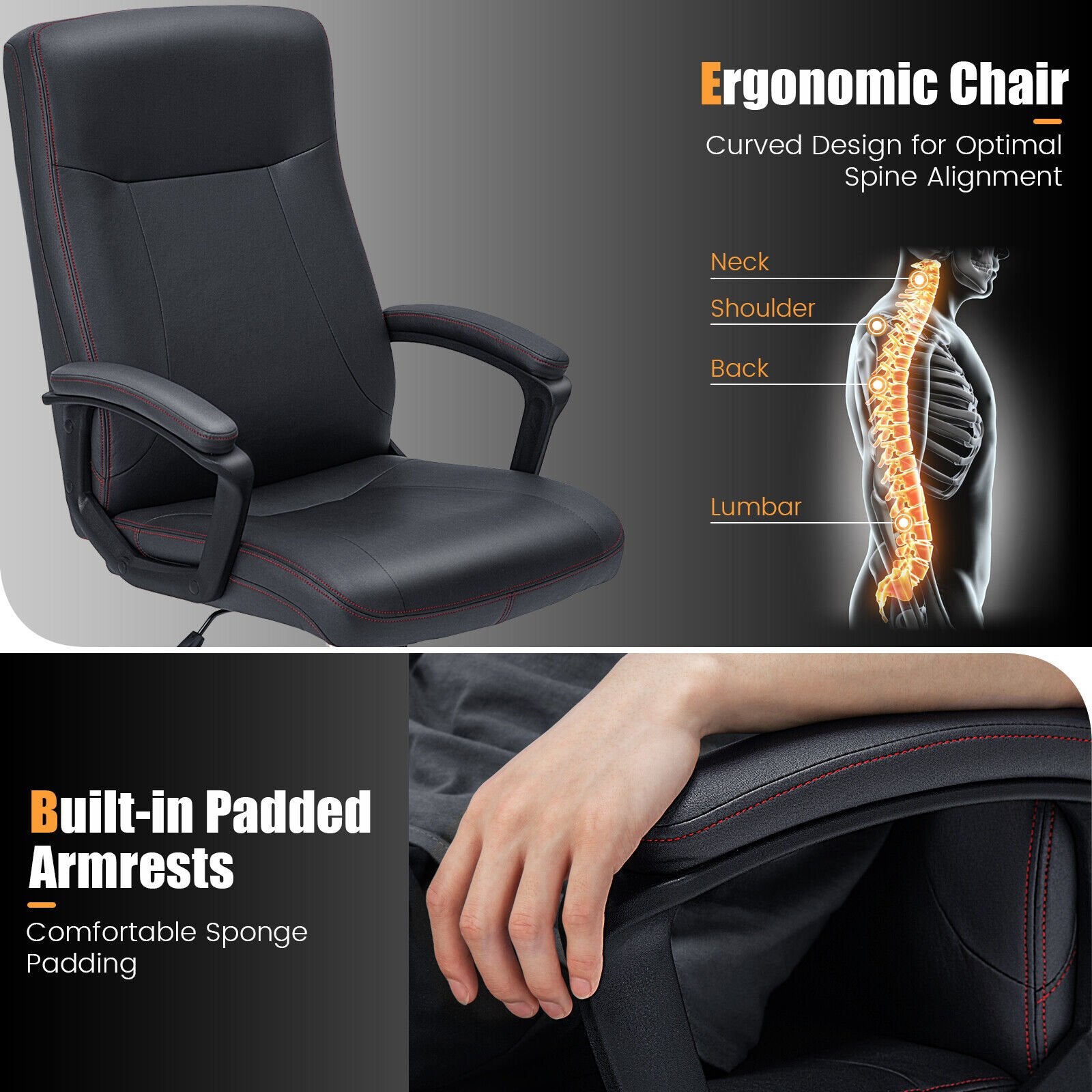 Upholstered Executive Computer Desk Chair with Ergonomic High Back, Black at Gallery Canada