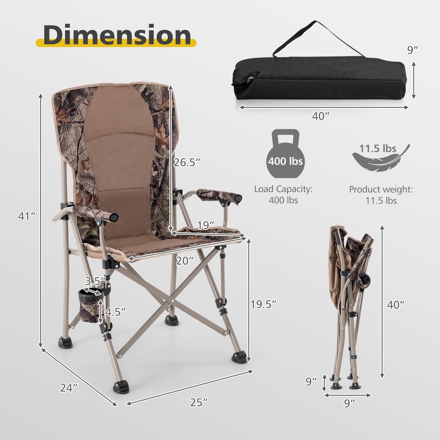 Portable Camping Chair with 400 LBS Metal Frame and Anti-Slip Feet, Brown
