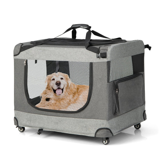 Portable Folding Dog Soft Crate Cat Carrier with 4 Lockable Wheels-XXL, Gray