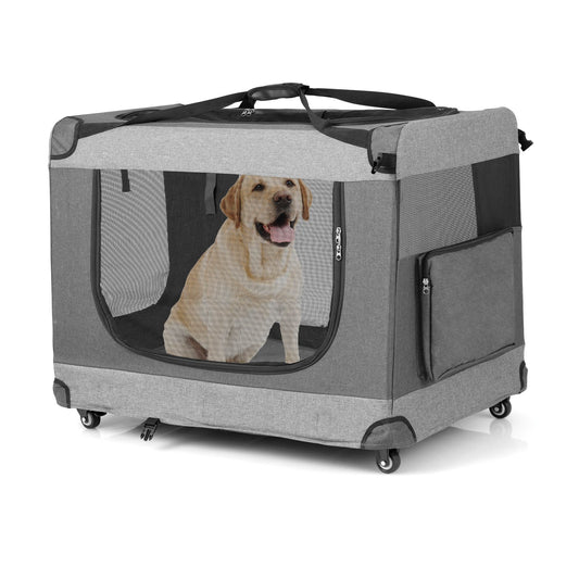 Portable Folding Dog Soft Crate Cat Carrier with 4 Lockable Wheels-XL, Gray