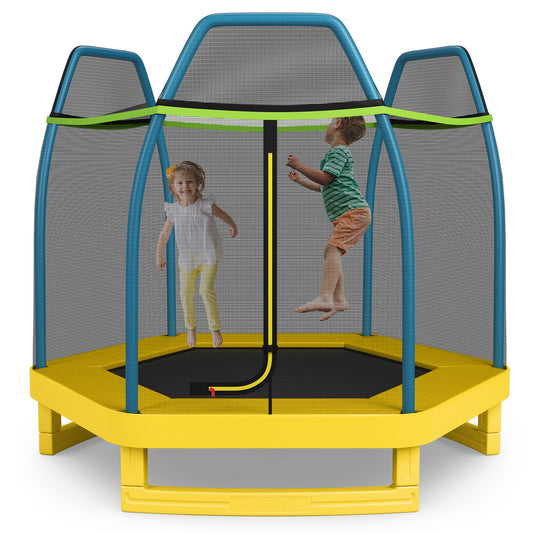 7 ft Kids Trampoline With Safety Enclosure Net, Yellow