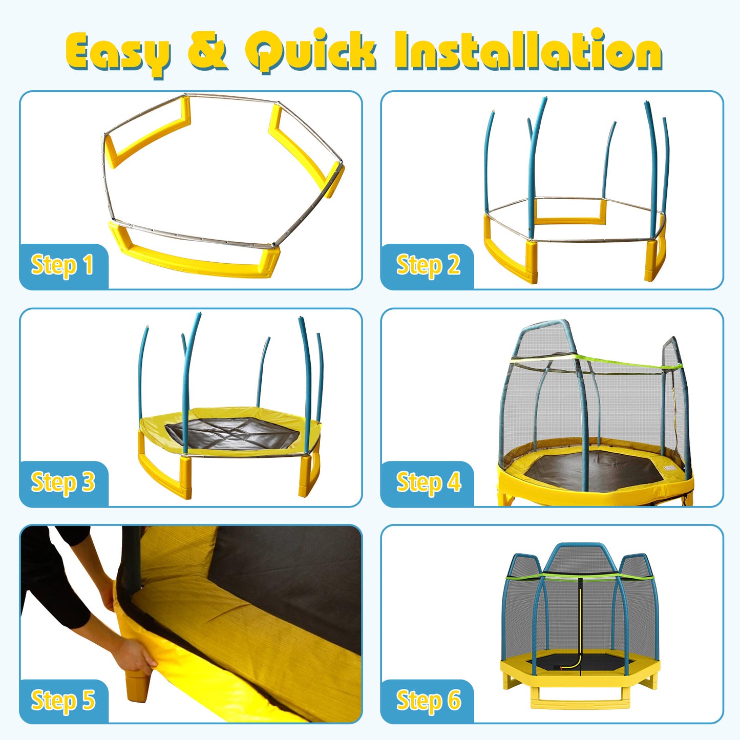 7 ft Kids Trampoline With Safety Enclosure Net, Yellow