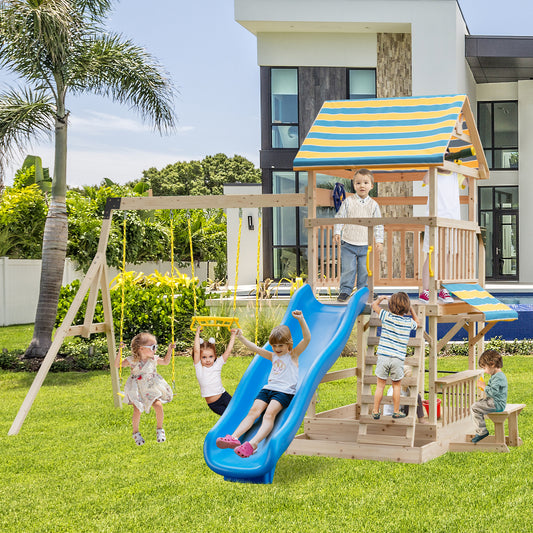 Wooden Swing Set With Large Upper Deck Slide, Steering Wheel, Multicolor Swing & Playsets Multicolor at Gallery Canada
