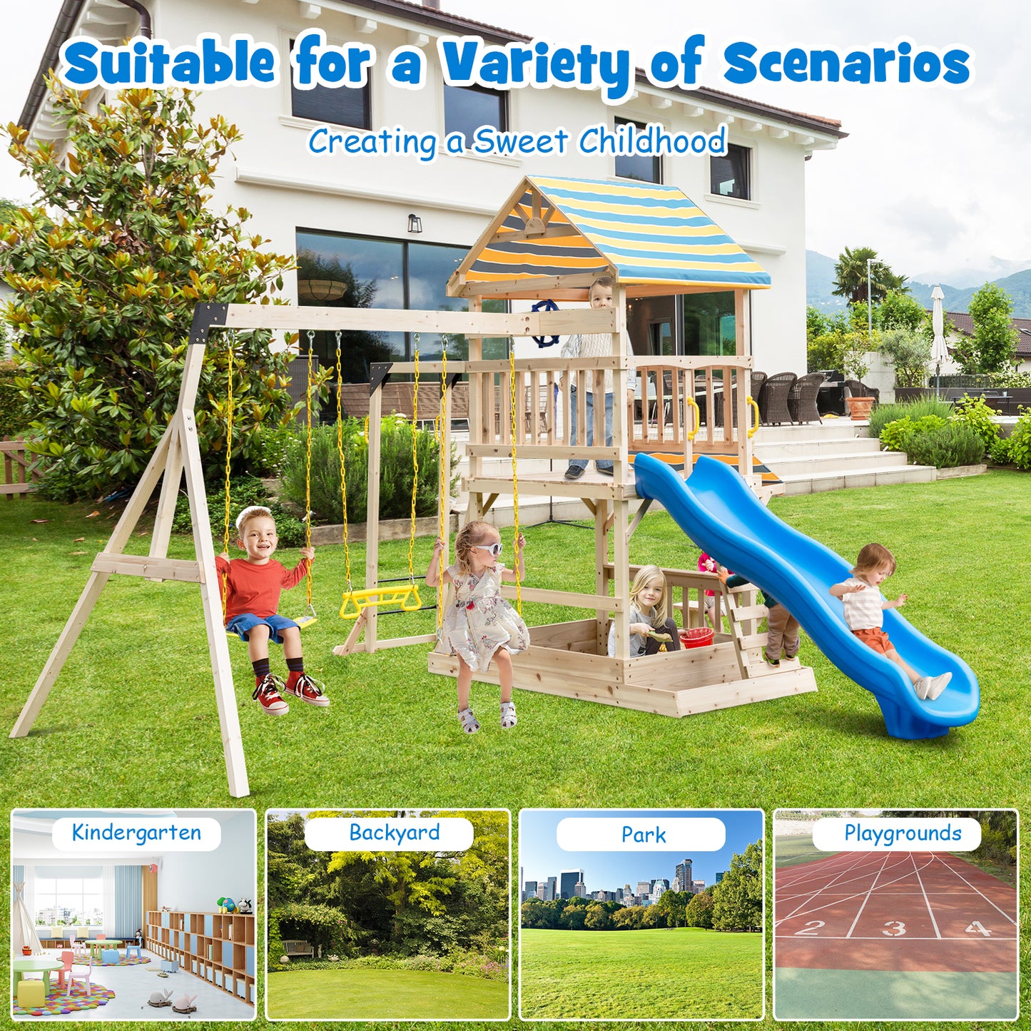 Wooden Swing Set With Large Upper Deck Slide, Steering Wheel, Multicolor Swing & Playsets at Gallery Canada