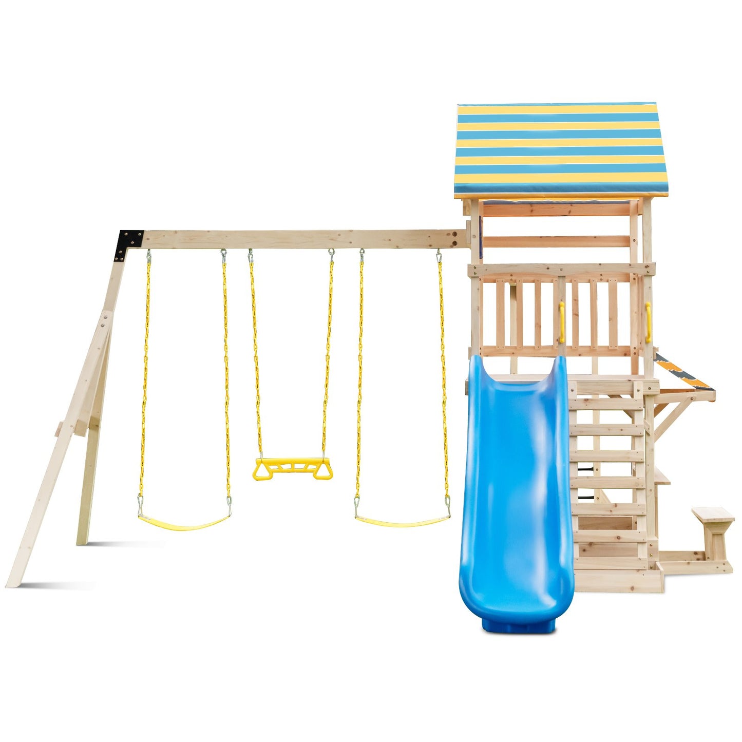 Wooden Swing Set with Large Upper Deck Slide and Steering Wheel, Multicolor at Gallery Canada