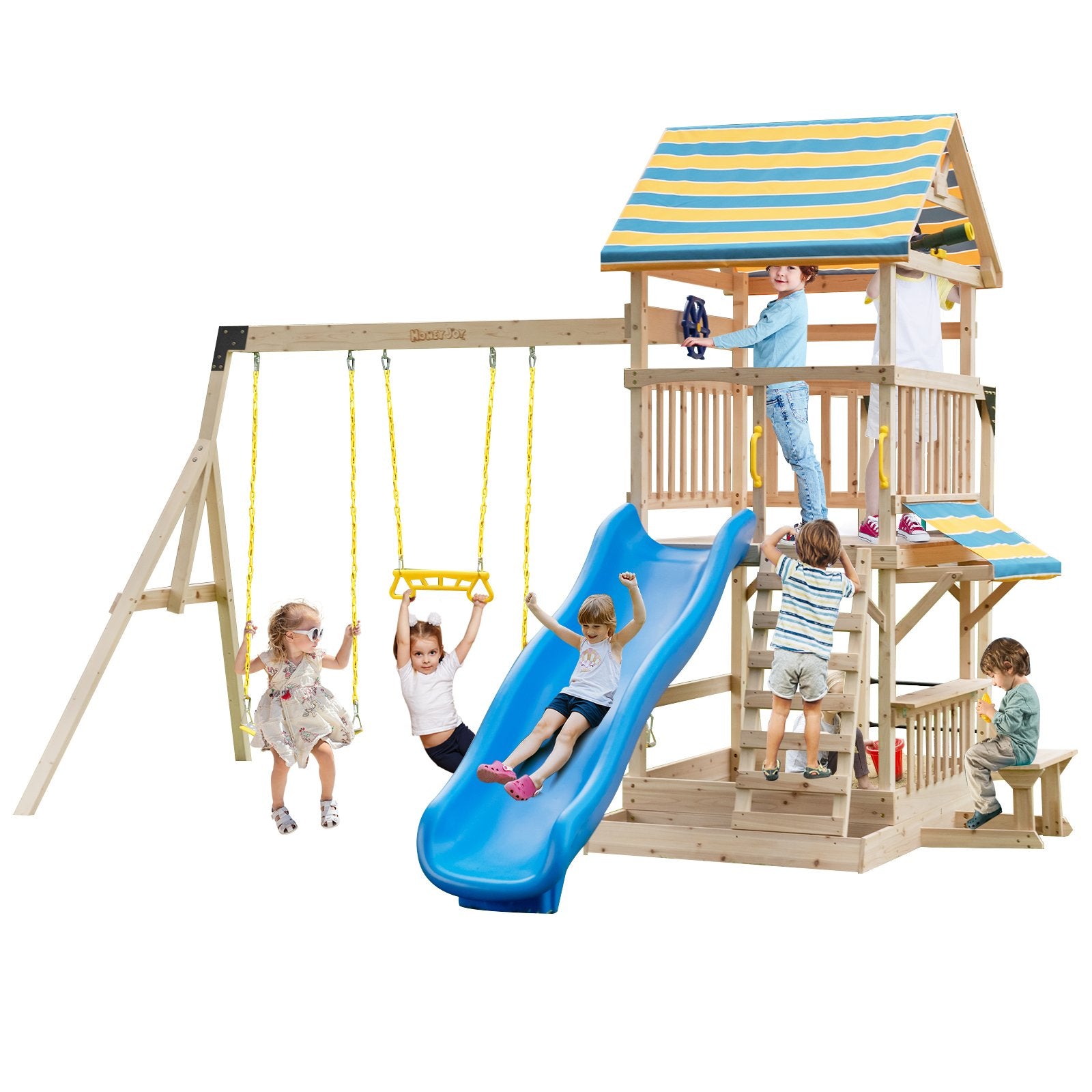 Wooden Swing Set with Large Upper Deck Slide and Steering Wheel, Multicolor at Gallery Canada