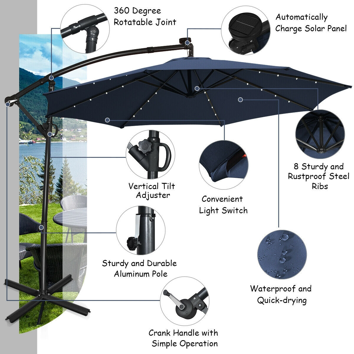 10 FT 360° Rotation Solar Powered LED Patio Offset Umbrella without Weight Base, Navy Outdoor Umbrellas at Gallery Canada
