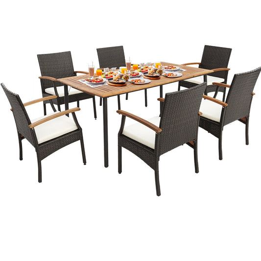 7 Pieces Patio Wicker Cushioned Dining Set with Wood Armrest and Umbrella Hole, Natural at Gallery Canada