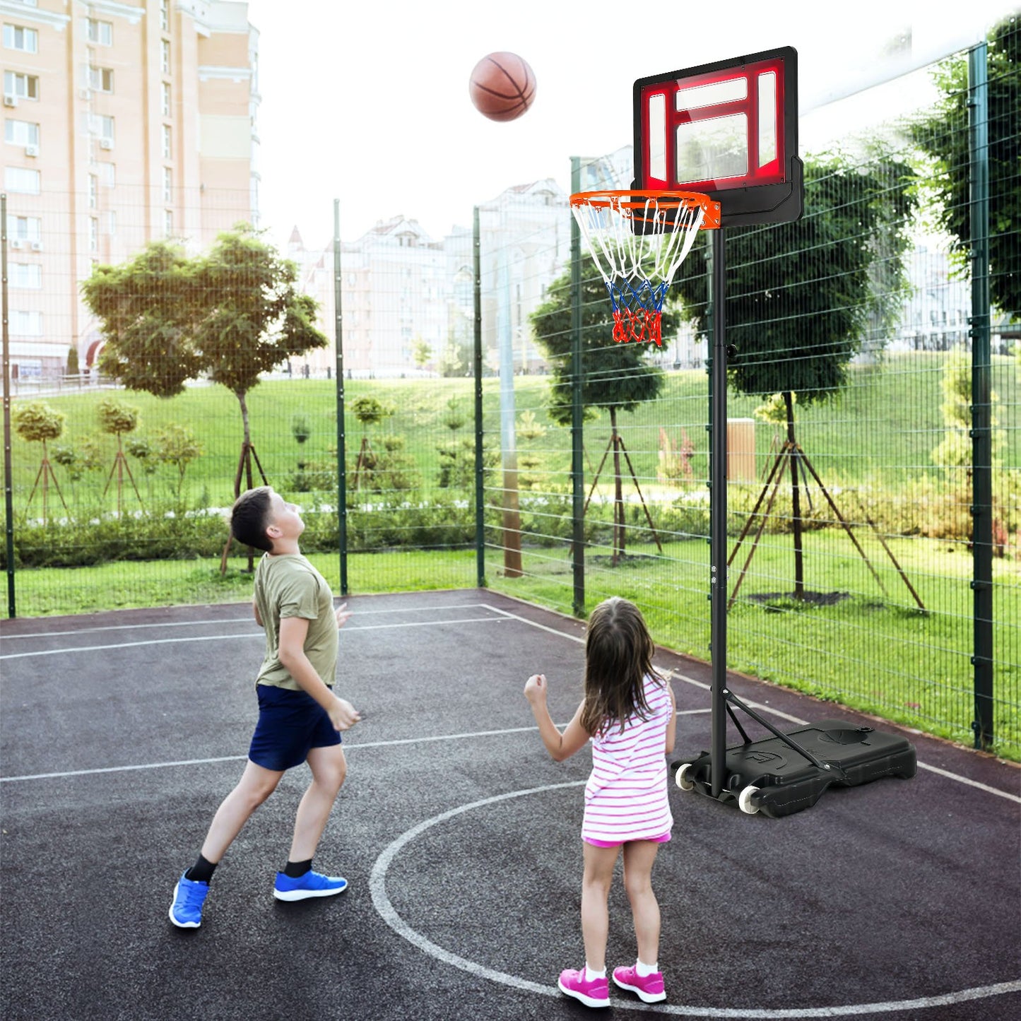4.3-8.2 FT Portable Basketball Hoop with Adjustable Height and Wheels, Black & Red at Gallery Canada