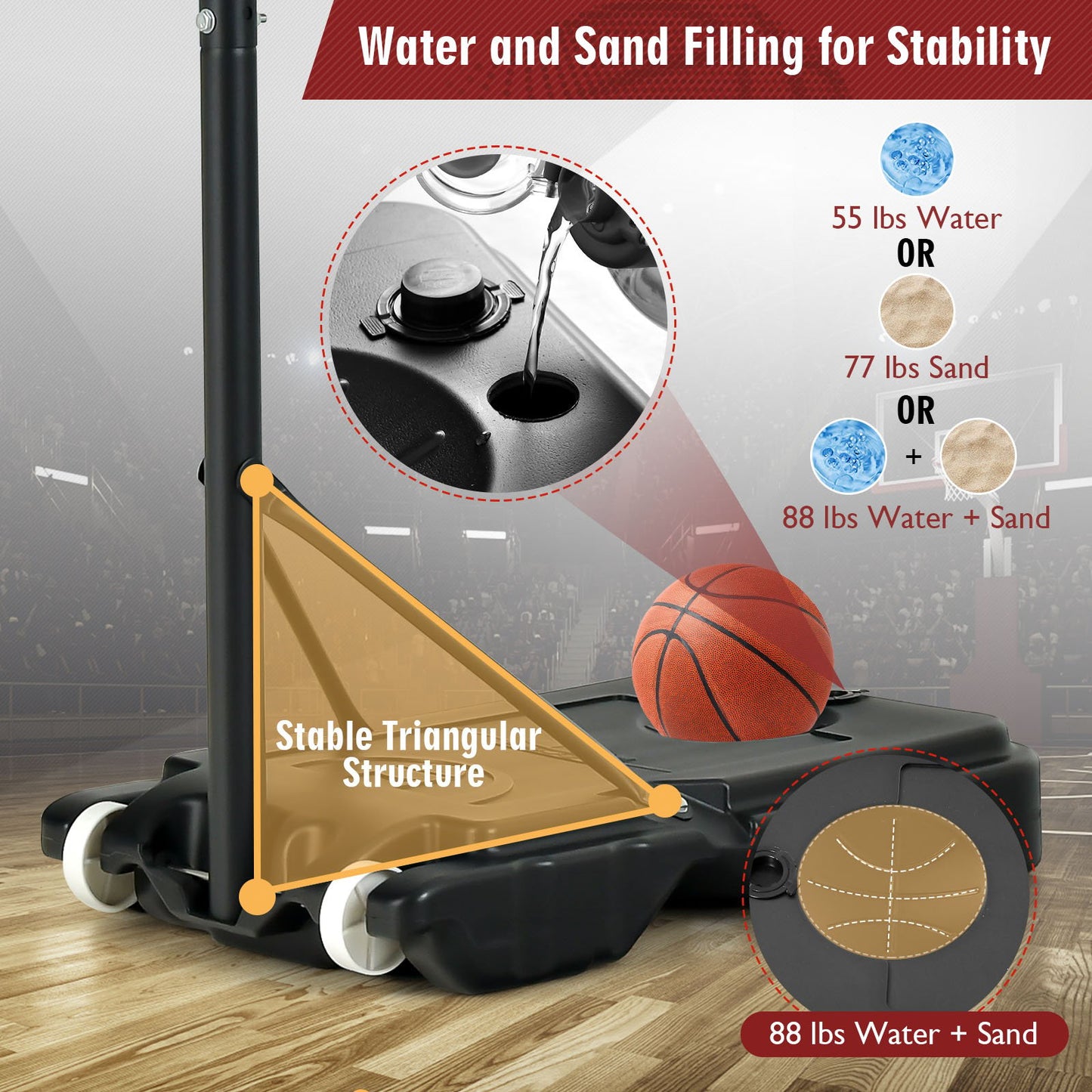 4.3-8.2 FT Portable Basketball Hoop with Adjustable Height and Wheels, Black & Red