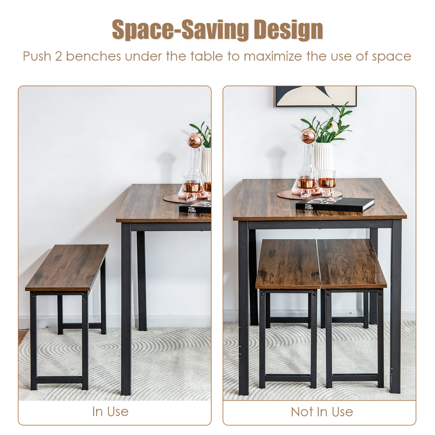 3 Piece Dining Table Set With 2 Benches, Brown Dining Room Sets at Gallery Canada