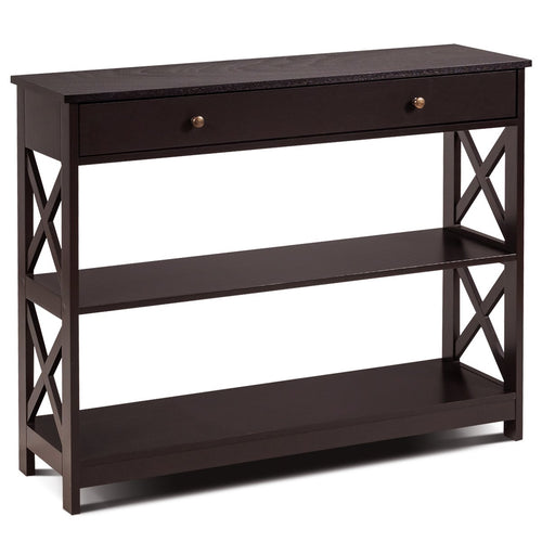 Console Table 3-Tier with Drawer and Storage Shelves, Dark Brown