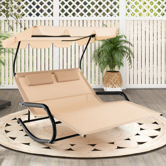 Outdoor 2 Persons Rocking Chaise Lounge with Canopy and Wheels, Beige Patio Rocking Chairs & Gliders Beige at Gallery Canada
