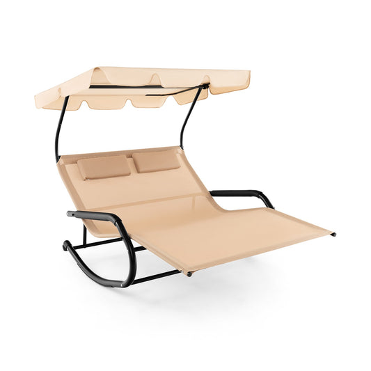 Outdoor 2 Persons Rocking Chaise Lounge with Canopy and Wheels, Beige