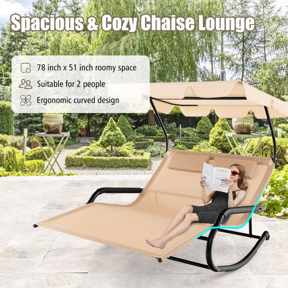 Outdoor 2 Persons Rocking Chaise Lounge with Canopy and Wheels, Beige at Gallery Canada