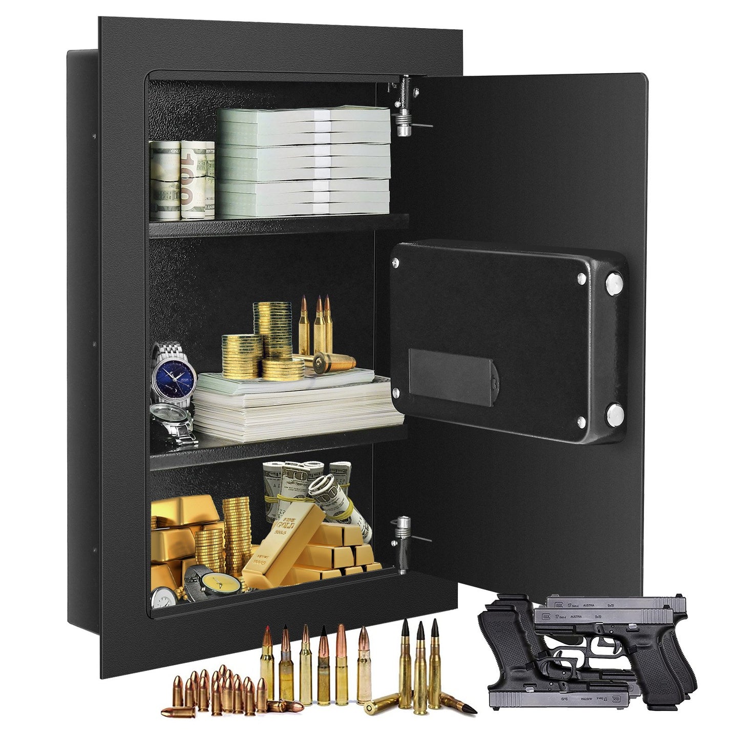 Digital Flat Recessed Wall Safe Security Lock Gun Cash Box, Black