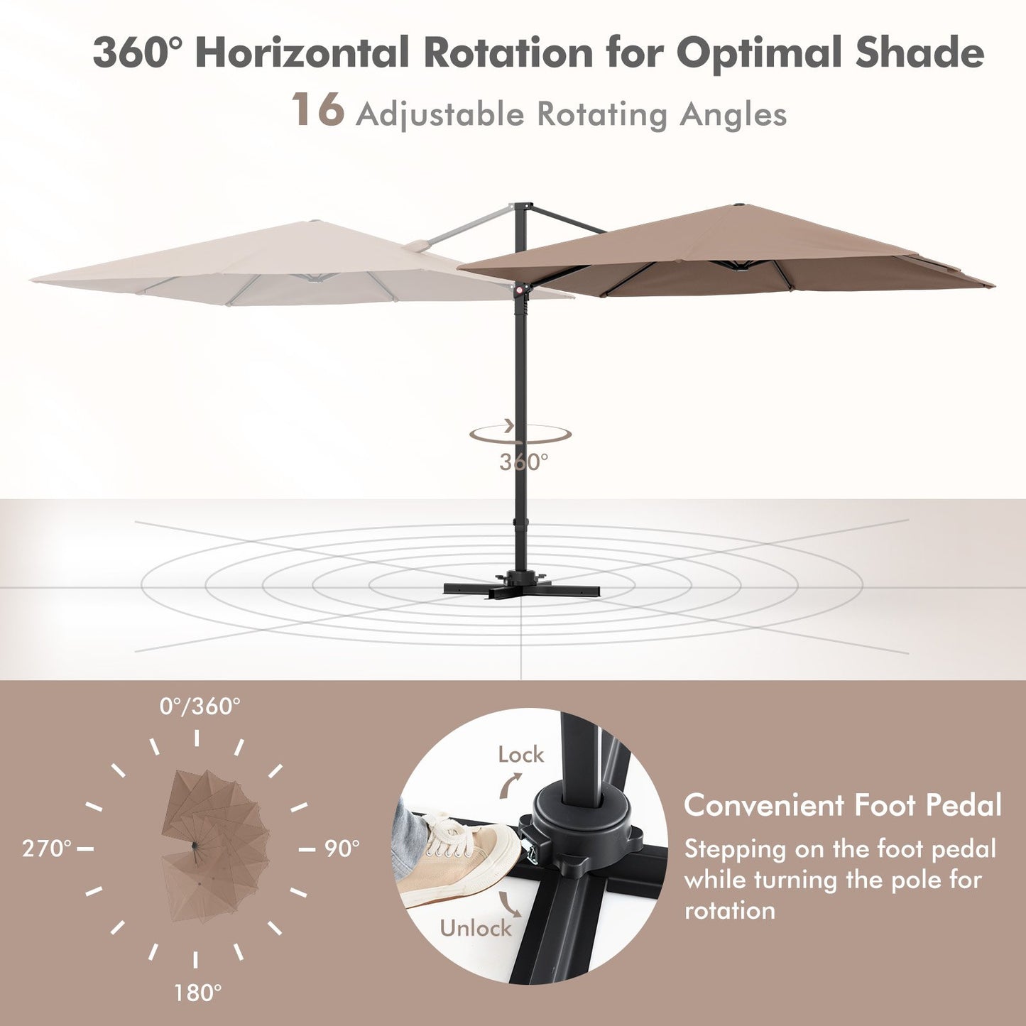 9.5 Feet Square Patio Cantilever Umbrella with 360° Rotation, Coffee