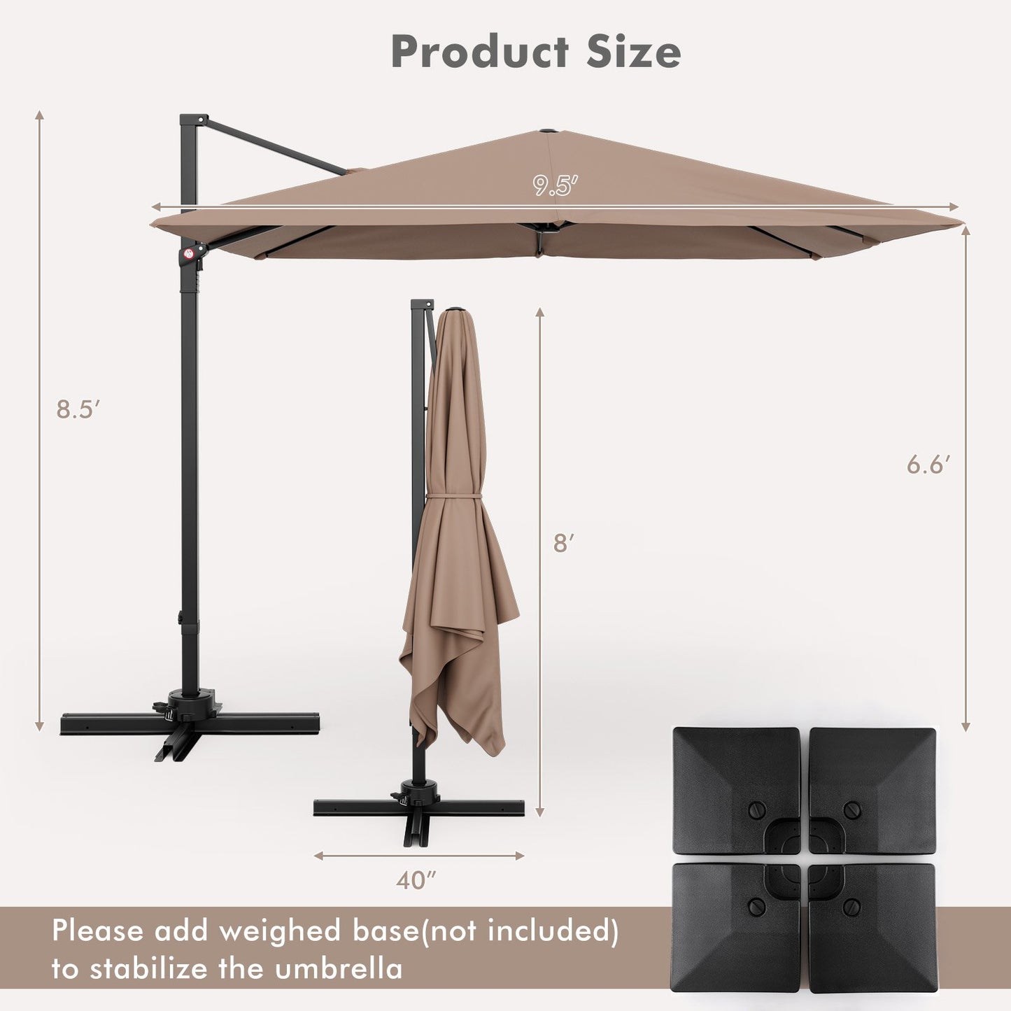 9.5 Feet Square Patio Cantilever Umbrella with 360° Rotation, Coffee