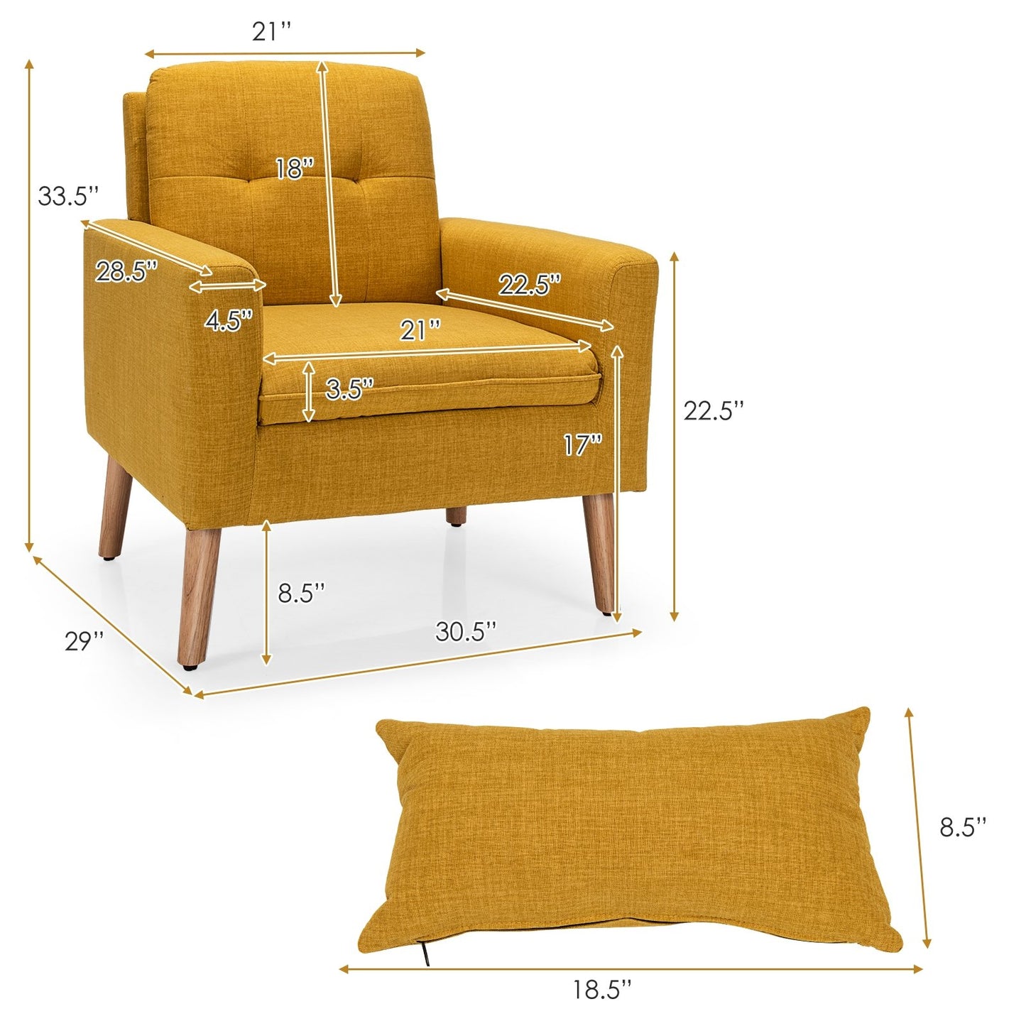 Linen Fabric Single Sofa Armchair with Waist Pillow for Living Room, Yellow