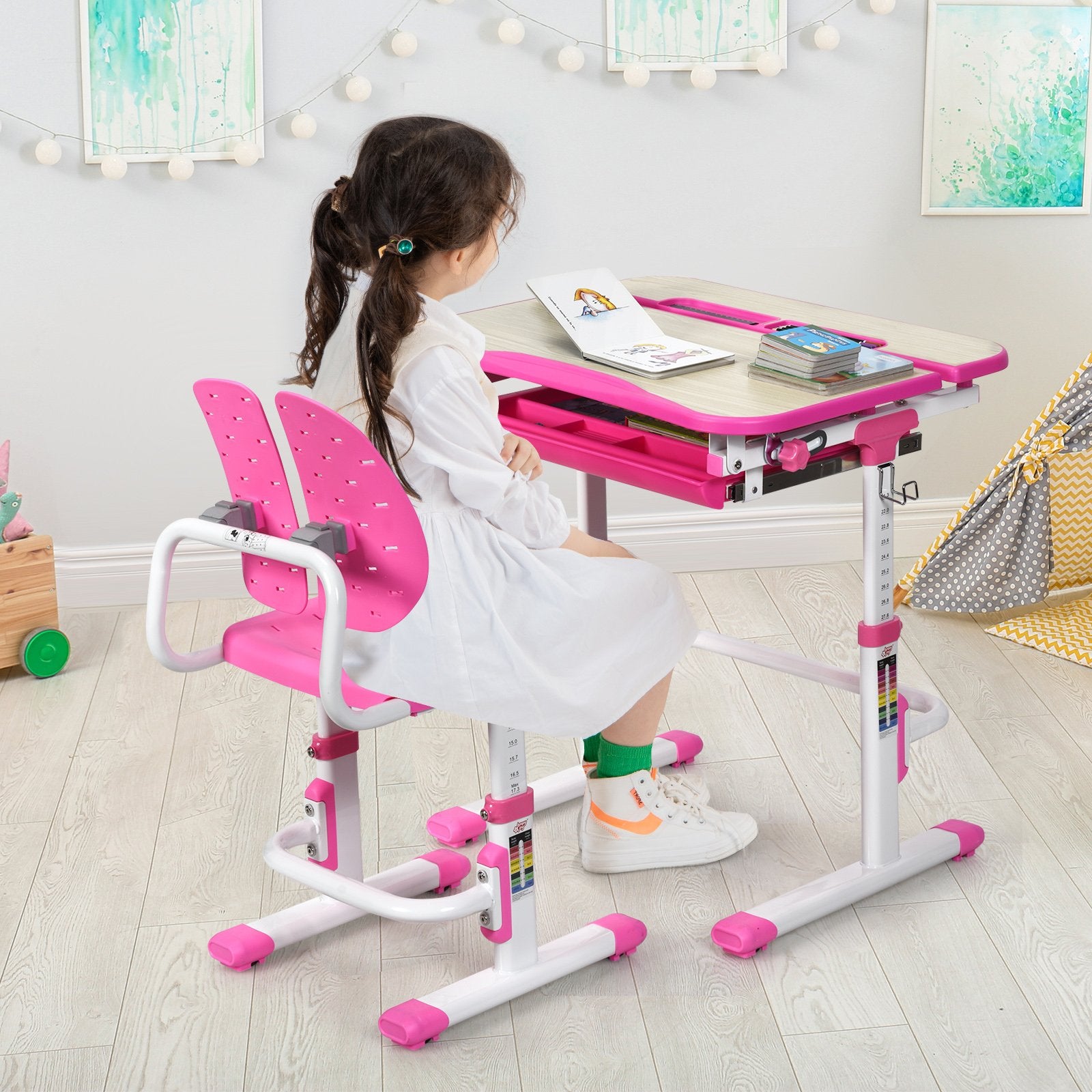 Height Adjustable Kids Study Desk and Chair Set, Pink at Gallery Canada