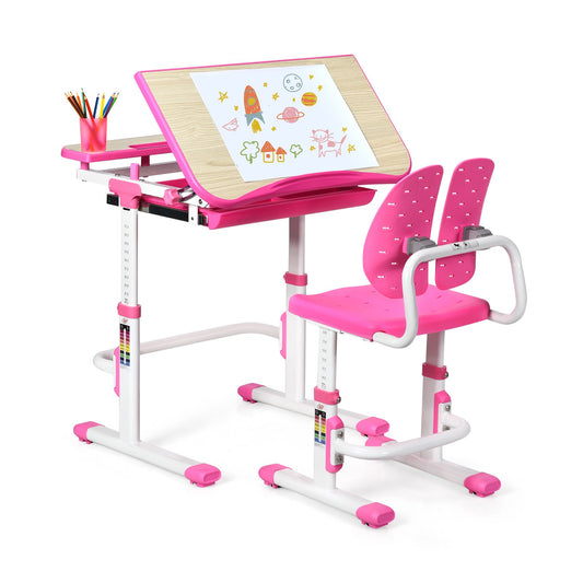 Height Adjustable Kids Study Desk and Chair Set, Pink