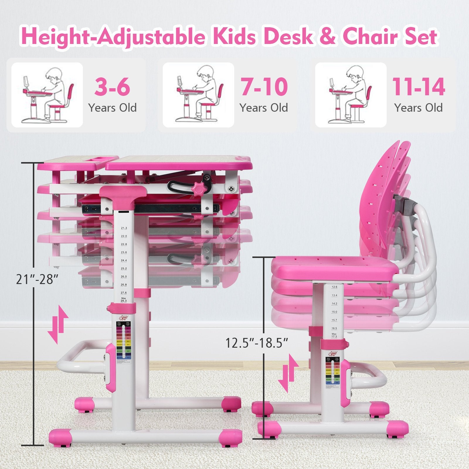 Height Adjustable Kids Study Desk and Chair Set, Pink at Gallery Canada