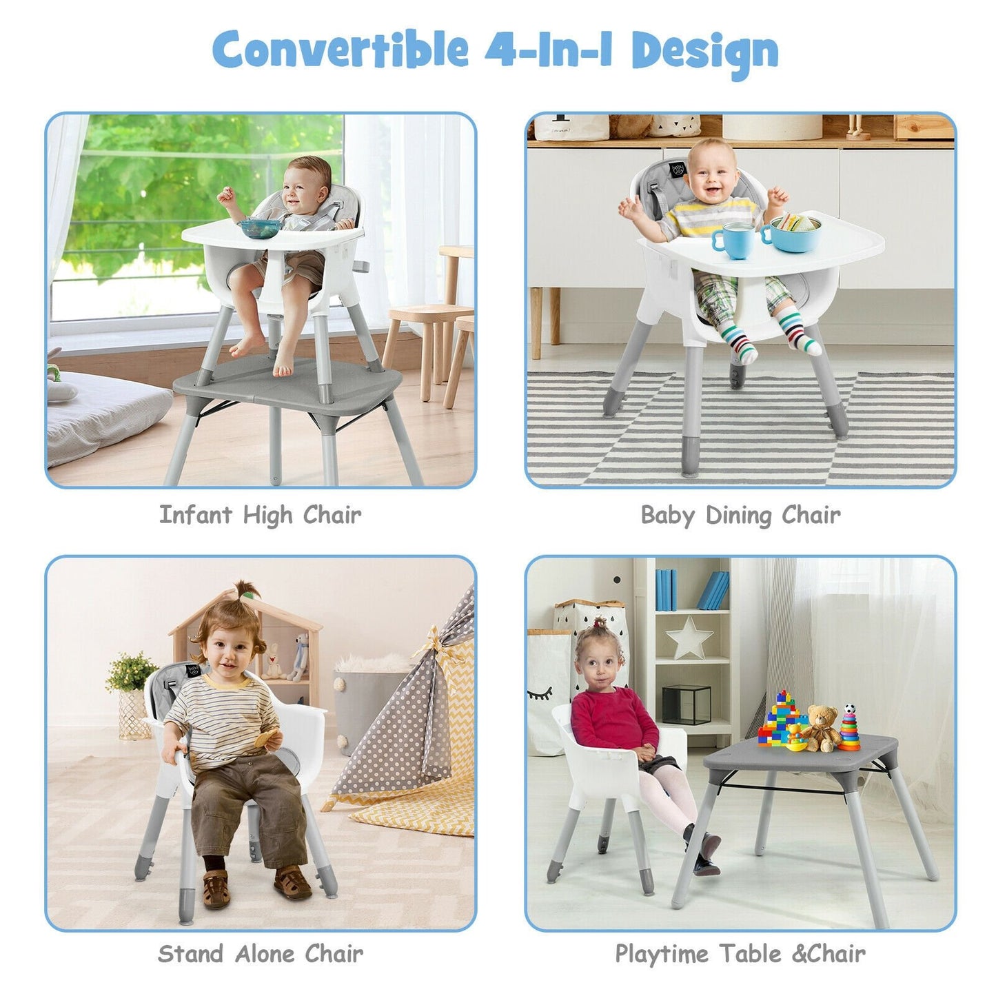 4-in-1 Baby Convertible Toddler Table Chair Set with PU Cushion, Gray at Gallery Canada