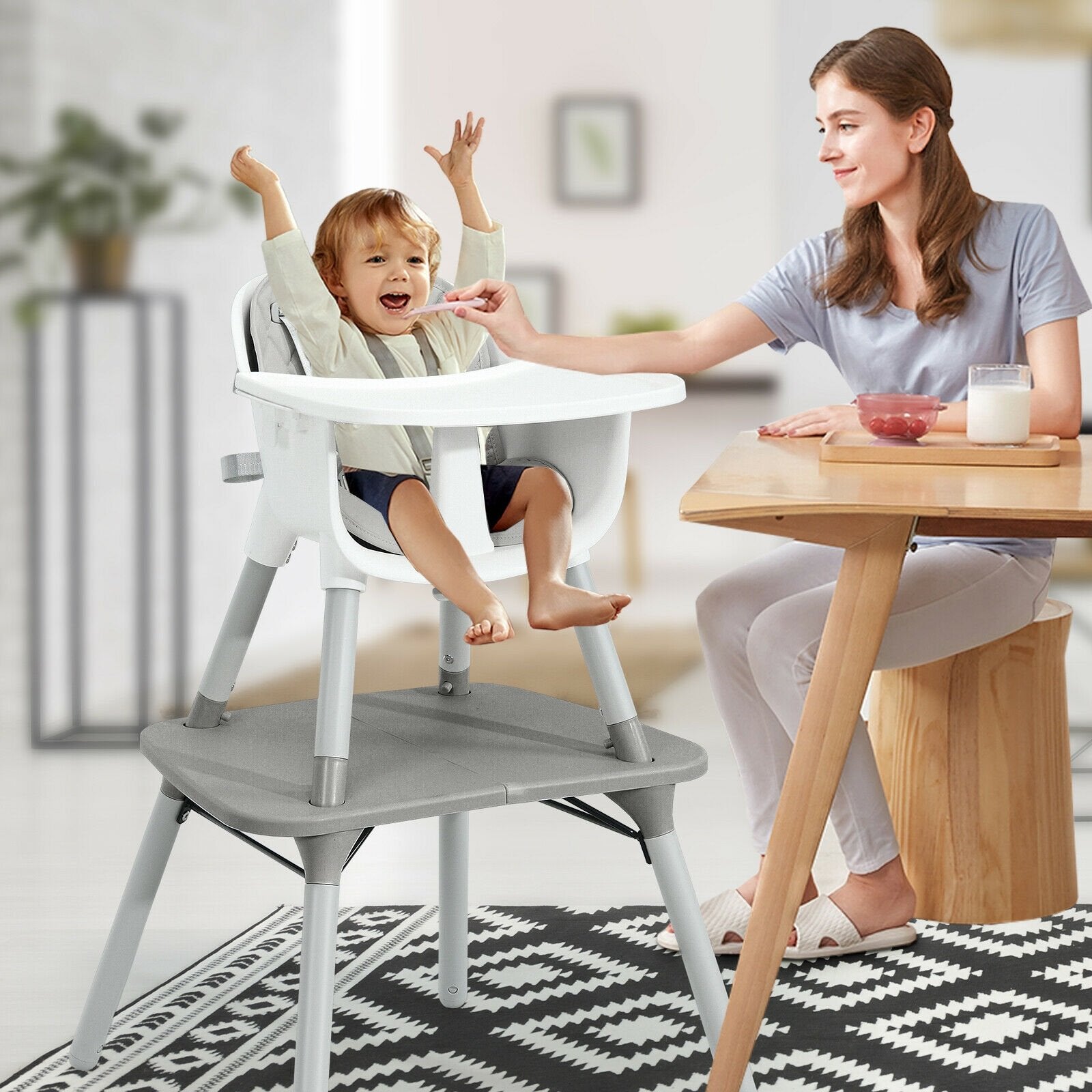 4-in-1 Baby Convertible Toddler Table Chair Set with PU Cushion, Gray at Gallery Canada