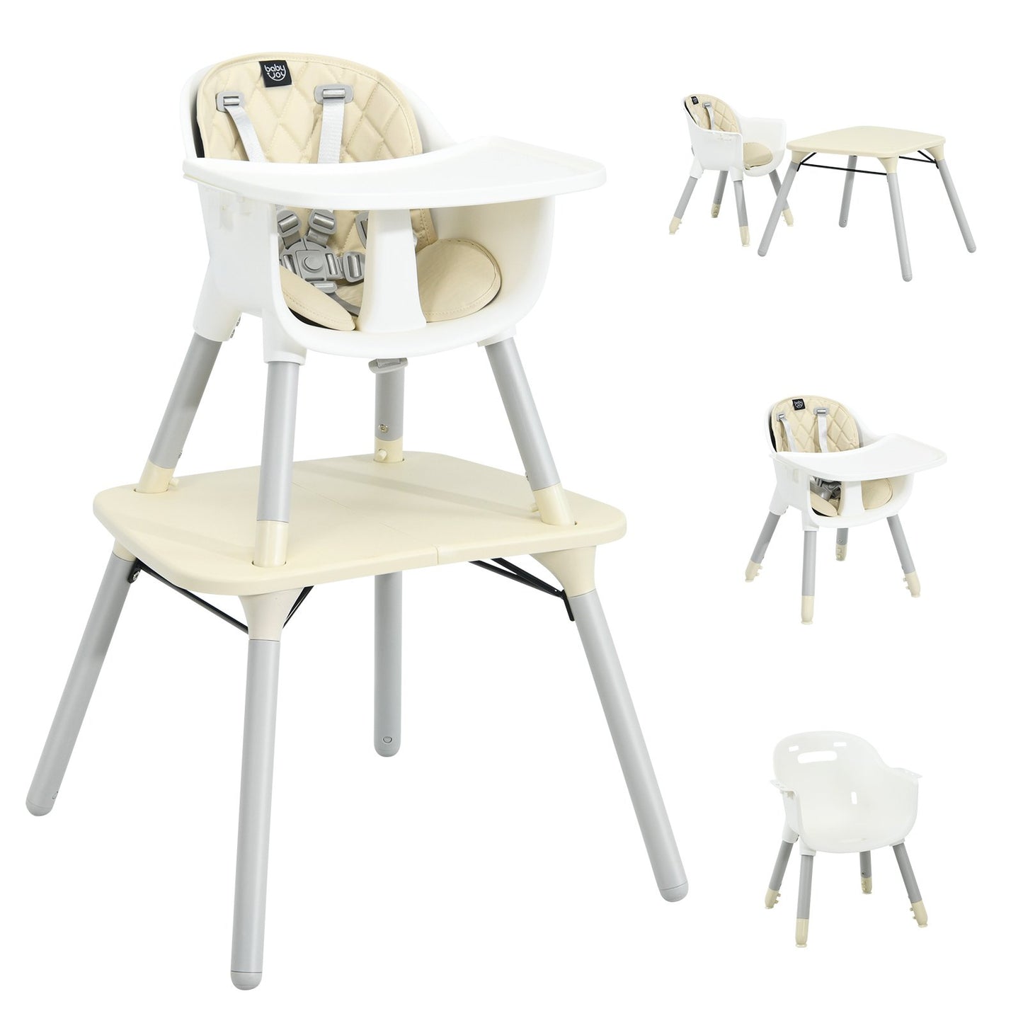 4-in-1 Baby Convertible Toddler Table Chair Set with PU Cushion, Beige