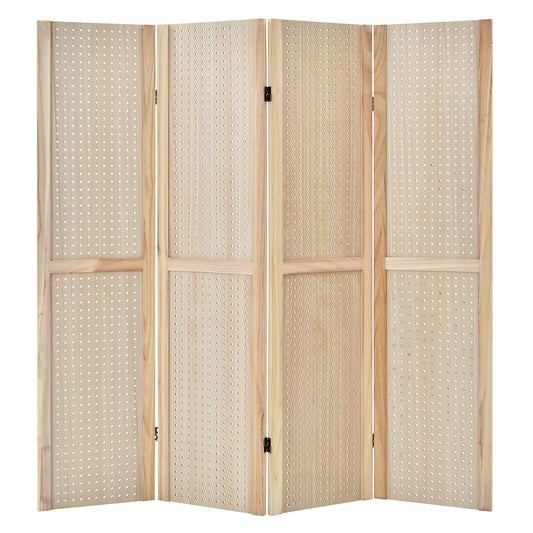 4-Panel Pegboard Display 5 Feet Tall Folding Privacy Screen for Craft Display Organized, Natural