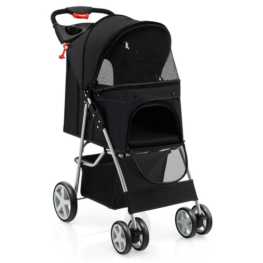 Folding Pet Stroller with Storage Basket and Adjustable Canopy, Black